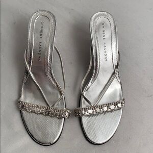 Chinese Laundry metallic silver rhinestone embellished heels